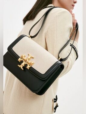 ‼️Tory Burch Black Eleanor Bicolor Canvas Shoulder Bag Crossbody Bag